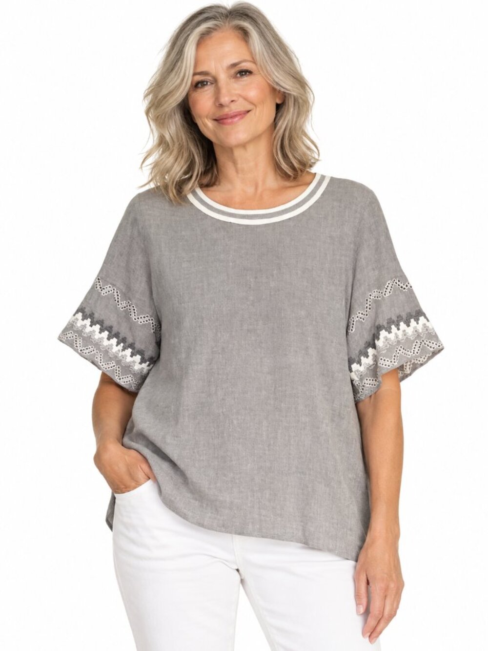RUNGOLEE Short Sleeve Blouse Embroidered Sleeves Grey Zip Back Cotton Blend XL